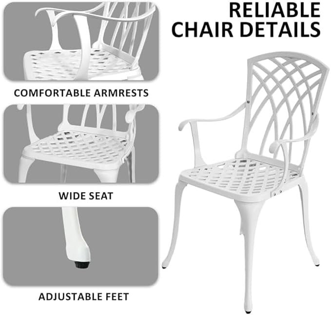 PATIO-IN White Bistro Table and Chairs Set of 2, Cast Aluminum White Bistro Set Outdoor, Patio Bistro Sets with Umbrella Hole, Round Back Yard Set for Porch Balcony Garden