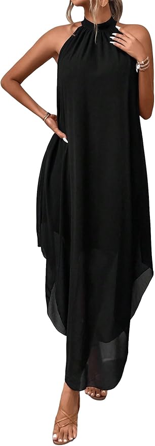 Verdusa Women's Formal Wedding Guest Dress Halter Flowy Sleeveless Asymmetrical Long Summer Dress