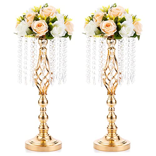 2 Pcs 19.3 inches Gold Centerpieces Table Tall Crystal Flowers Stand Wedding Road Lead Flower Holders Crystal Chandelier M...