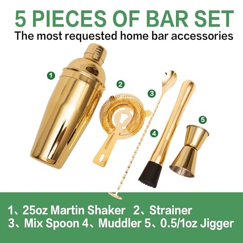 JWJIUEJIU Cocktail Shaker Set Bartender Kit,5 Piece Bar Set Stainless Steel Bar Tools Set for Professional Bartender and H...