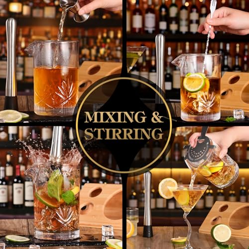 Cocktail Mixing Glass, veecom 6 Piece Crystal Bar Mixing Glass Bartender Set with Bamboo Stand, 18oz Old Fashioned Kit Coc...