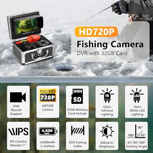 Underwater Fishing Camera FishPRO® HD720P - w/DVR-External 32GB Card, 7'' Ice Fishing Camera [Aluminum Box], Fish Finder I...