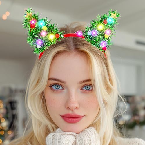 Aiosy Light Up Christmas Tree Headband Green Tinsel Head bands Led Cat Ears Headpiece Glitter Star Xmas Party Hair Accesso...