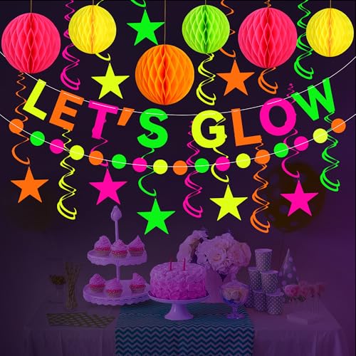 Neon Party Supplies includes Let's Glow Banner Star Hanging Swirls Circle Dot Garland Glow in The Dark Party Hanging Decor...