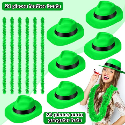 JaGely 48 Pieces Neon Party Supplies 24 Neon Gangster Hats 24 Pcs Feather Boas for Mardi Gras Carnival Glow Wedding Party