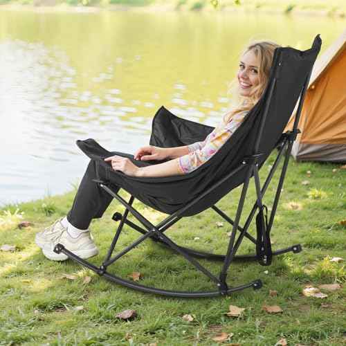 VEVOR Heated Camping Chair, 3 Heating Settings, Large-Sized Padded Folding Rocker, Heavy Duty Outdoor Lawn Chairs with Pocket & Cupholder, Support 225lbs, Portable Heated Chair for Sports Winter Use