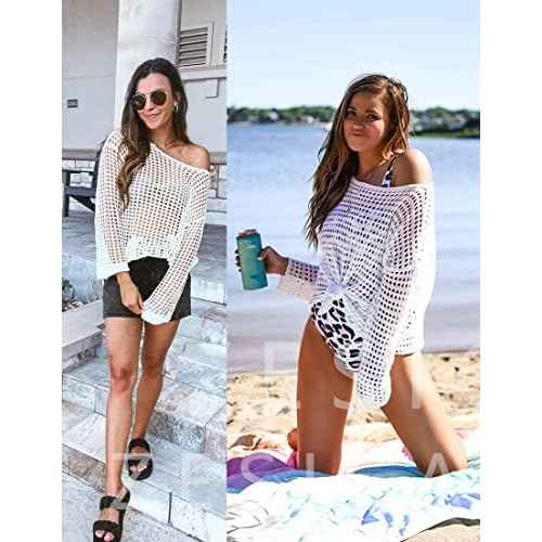 ZESICA Women's 2025 Summer Crochet Hollow Out Long Sleeve Beach Bikini Swimsuit Mesh Cover Up Tunic Top