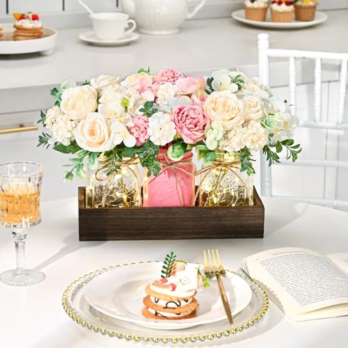 BLEUM CADE Centerpiece Table Decorations - 3Pcs Roses Artificial Flowers in Mason Jars with Wood Tray for Dining Table Cof...