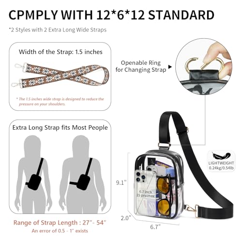 QOECI 3 Pockets Clear Bag for Stadium Events with 2 Long Straps Sling Backpack Fanny Pack Concert Crossbody Purses for Women