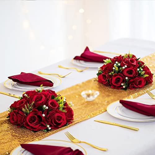 BLOSMON Flower Centerpieces for Tables Wedding: 10 Pcs Crimson Red Artificial Rose Flowers Balls Decoration - 9.5 Inch Fak...