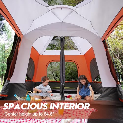 8–10-12 Person Camping Tent, 2 Room Family Tent with Zippered Divider, Porch, Rainfly, Extra Large Waterproof Cabin Tent w...