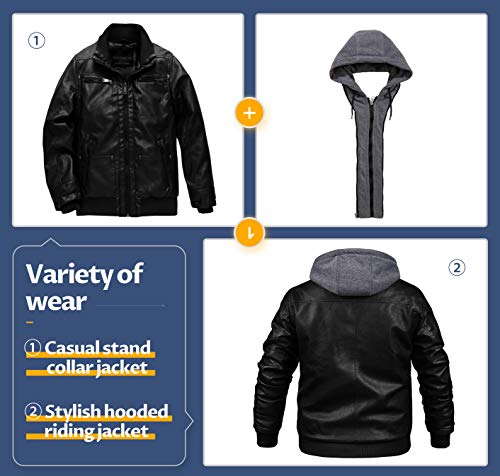 CREATMO US Men's Faux Leather Jacket Motorcycle Jacket Waterproof Windproof PU Moto Vintage Bomber Hoodie with Removable Hood