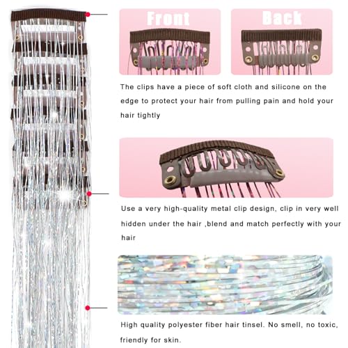 Obinying Hair Tinsel Pack of 18 Pcs Hair Tinsel Clip in 20.5 Inch Glitter Tinsel Hair Extensions Clip in Hair Tinsel Kit P...