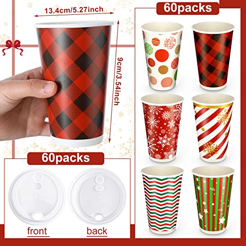 WILLBOND 60 Pcs Hot Chocolate Coffee Cups Christmas Party Favor Gift Disposable Coffee Cups 16 oz Holiday Hot Cocoa Bar Ki...