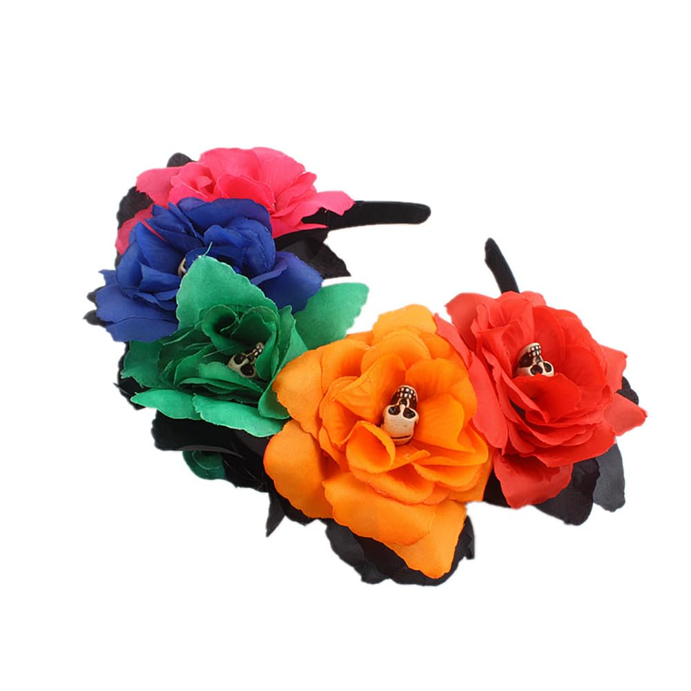 Lofruiin Women's Bohemian Rose Flower Crown Mexican Day of The Dead Headband Halloween Party Costume Headpiece (A- Colorful 2, F