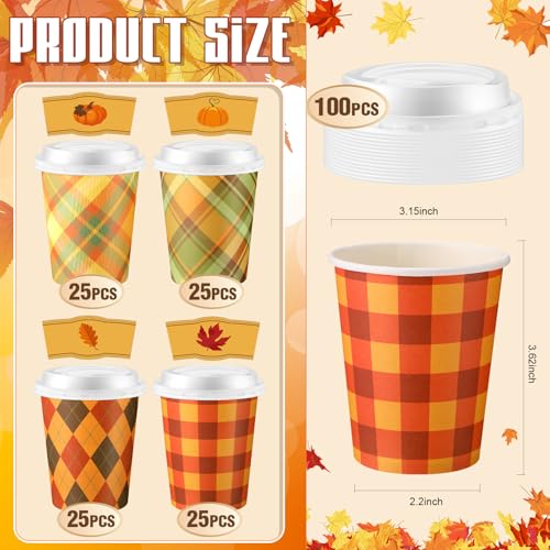 Mimorou 100 Pcs Christmas Disposable Coffee Cups with Lids and Sleeves Bulk 8oz Paper Cup Xmas Cups for Coffee Hot Cocoa B...