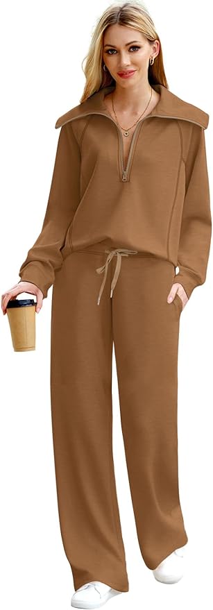 XIEERDUO Lounge Sets For Women 2025 Half Zip Sweatshirt And Wide Leg Sweatpant 2 Piece Outfits Sweatsuit Tracksuit