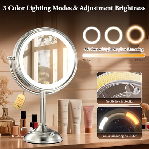 VESAUR 9.1" Large 5000mAh Rechargeable Lighted Makeup Mirror Nickel, 1X/10X/20X HD Magnifying with Compact Suction Mirror, 3 Color Dimmable Light, 360¡ÆSwivel Seamless Vanity Mirror, Gift Box