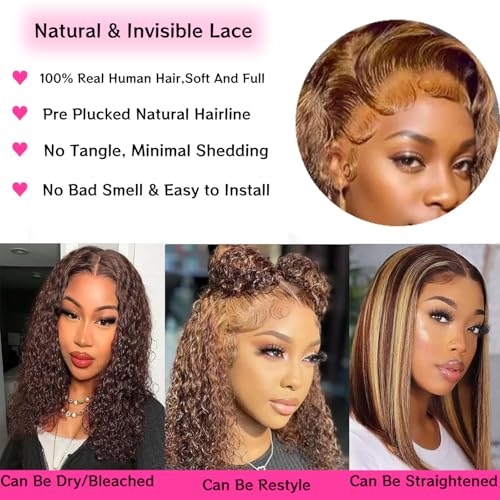 Curly Bob Wig Human Hair For Beginners Glueless Wigs Human Hair Pre Plucked Pre Cut 4/27 Highlight Ombre Honey Blonde 200 Density 13x4 Deep Curly Lace Closure Short Bob Wigs 8 Inch