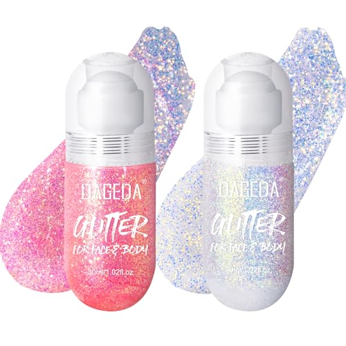 DAGEDA 2Colors Roll-on Body Glitter Gel for Body, Hair, Face, Holographic Glitter Makeup for Rave Accessories, Body Shimme...