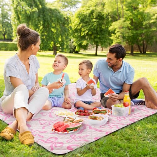 SmoothNovelty Pink Bow Picnic Blanket 80'' x 80'' Waterproof Extra Large Camping Blanket Coquette Picnic Mat Foldable Port...