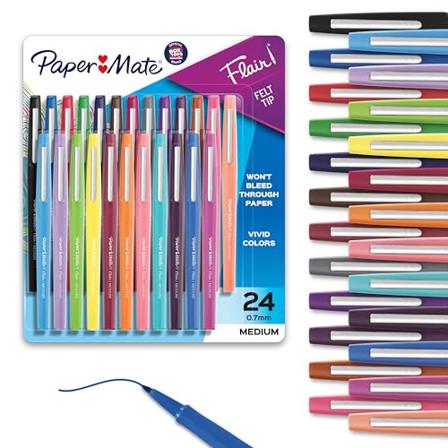 Paper Mate Felt Tip Pens, Flair Marker Pens, Medium Point, Assorted, 24 Count - Home, Office, Back to School, Teacher Supp...