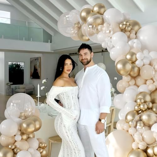 White and Gold Balloon Garland Arch Kit 132Pcs Metallic gold Ivory white Cream White Clear Balloons Different Sizes for We...