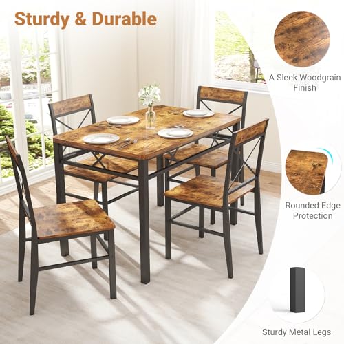 Zevemomo 5-Piece Dining Table Set, Dining Table Set for 4, Small Kitchen Table Set for 4, Wood Dining Room Table, with 4 Curved Backrest Chairs, Compact Dining Set for Small Spaces & Kitchen-Brown