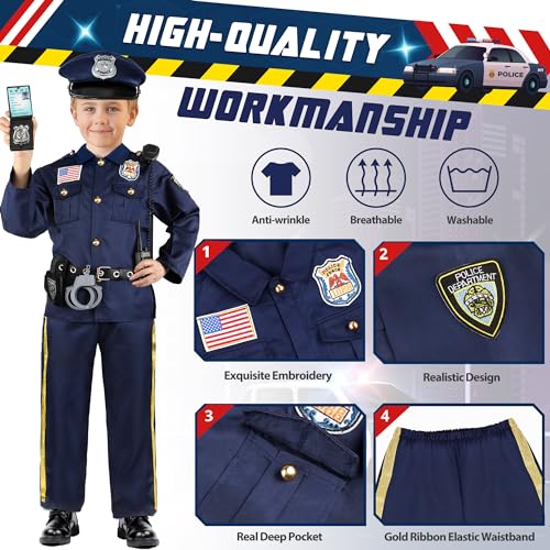 Police Officer Costume for Kids, Cop Costume Outfit Set with Toy Accessories, Halloween Costumes for Boys