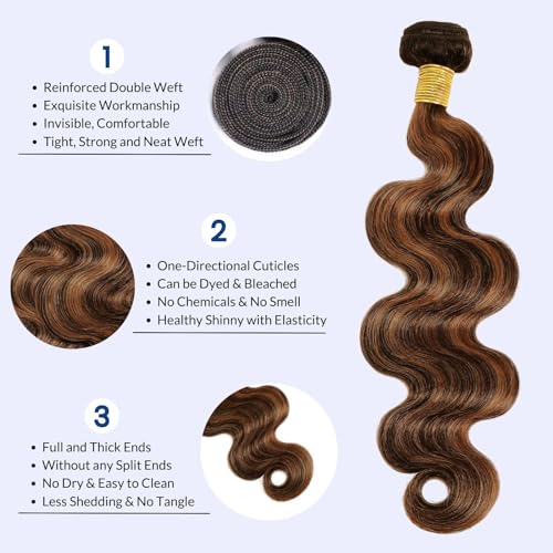 Brown Highlight Body Wave Human Hair 3 Bundles, 12A Balayage Ombre Blonde Color Wavy Bundles Human Hair 100% Remy Hair Soft and Glossy #1b/30 Black Hair with Highlights Sew In 10 12 14 Inch