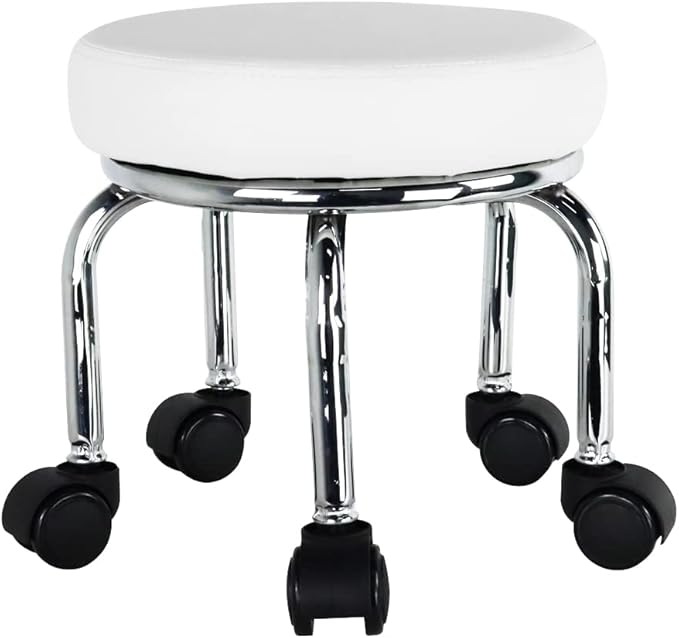 WKWKER Modern Roller Seat PU Leather Low Round Rolling Stool 360° Swivel Small Low Seat with Universal Caster Wheels Foot Stool for Home Office Garage Shop Fitness Sport H：12.4" （White）