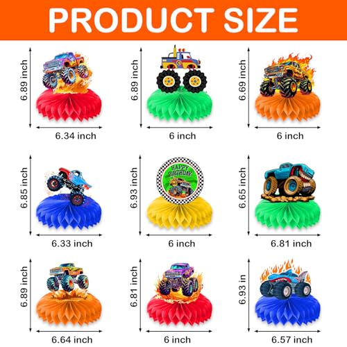 9PCS Monster Truck Honeycomb Centerpieces Themed Birthday Party Decorations Centerpiece Table Decoration Party Favors Deco...