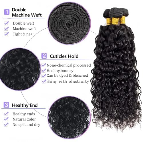Water wave bundles 12A 100% Unprocessed Deep human hair bundles with Hair Extensions Natur weave Curly human hair natural blcak color for women (Natural Black, Water 20 22 24 inch 100g/bundle)