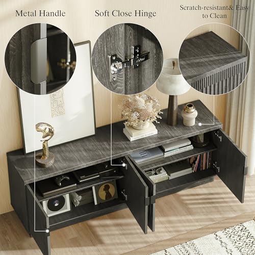 Farmhouse TV Stand for Television Up to 75 Inches, 4 Fluted Doors Rustic Entertainment Center with Storage & Adjustable Shelves, Mid Century Modern Wood TV Consoles for Living Room Bedroom, Black