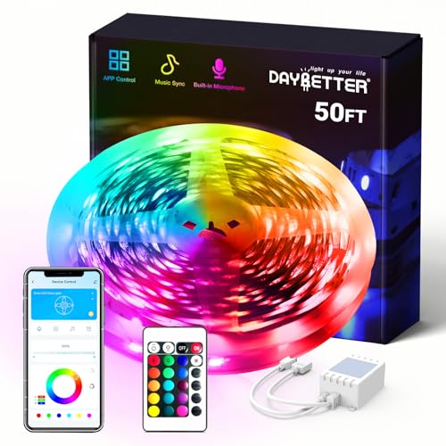DAYBETTER Smart RGB Led Strip Lights, 50ft Led Lights for Bedroom with App Control, Multicolor Changing Led Light Strips A...