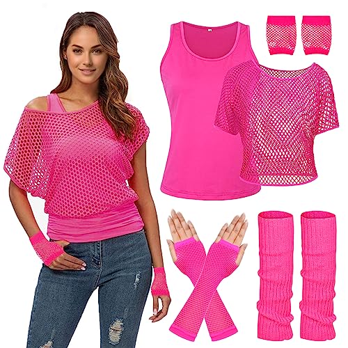 WILDPARTY Women Casual Sexy 80s Costumes Fishnet Neon Off Shoulder T-Shirt
