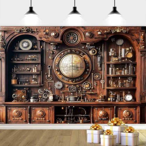 Antique Vintage Steampunk Backdrop, Abstract Industrial Old Metal Gear Clock Photography Background, Retro Steam Punk Mech...