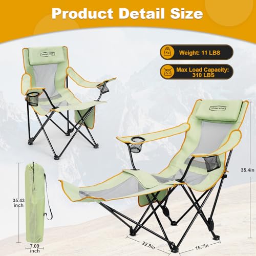 YOUNG WOOD Camping Lounge Chair, Portable Reclining Camping Chair with Foot Rest, Folding Camping Chair for Adults, Headre...