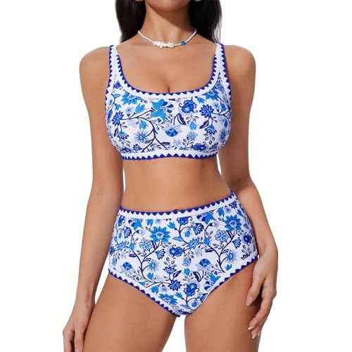 SUUKSESS Women High Waisted Bikini Set Floral Print Color Block 2 Piece Swimsuit