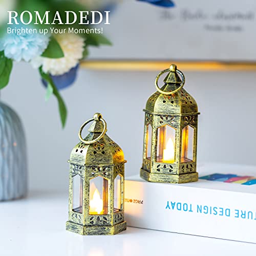 Romadedi Mini Lanterns Decorative for Centerpiece: 10pcs Hanging Small Gold Lantern Bulk with Flickering LED Candles for W...