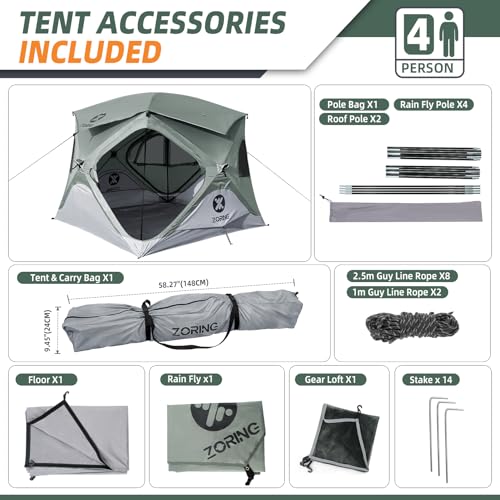 Zoring Pop Up Tent for Camping, Instant Cabin Hub Tent 4 Person, Waterproof Hub Shelter with Rainfly & Removable Floor, Ea...