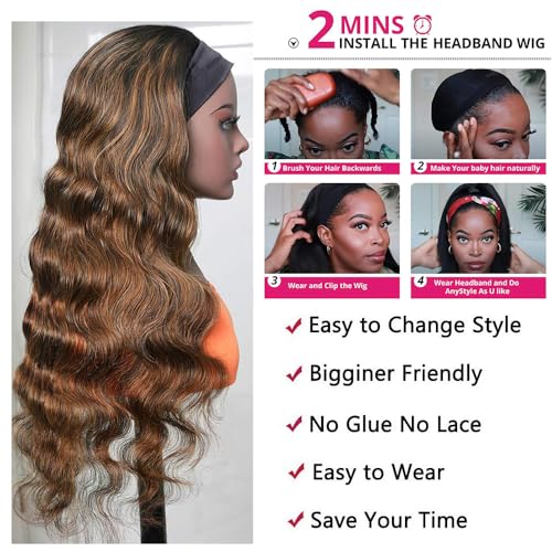 Body Wave Headband Wig Human Hair Highlight Ombre 22 Inch Glueless None Lace Front Wigs Brazilian Virgin Hair #4/27 Honey Blonde Headband Wigs for Black Women 150% Density