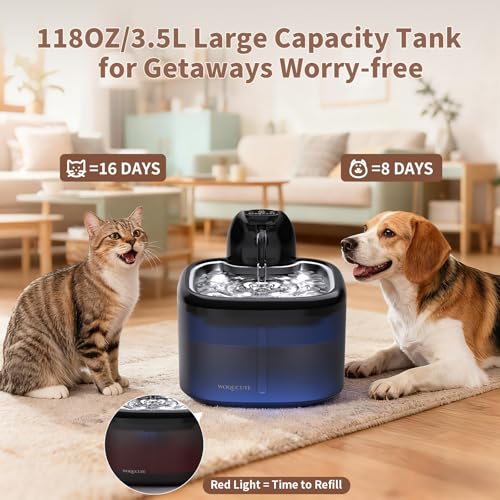 Cat Water Fountain Cordless Stainless Steel 118oz/3.5L Wireless & Ultra Quiet (≤25dB) with Sensor/Timer Mode, Battery Oper...