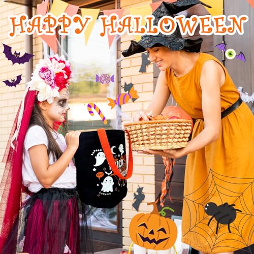 Aleture Trick or Treat Bags, Glow in The Dark Halloween Candy Canvas Tote Bag with Handle, Light Up Ghost Reusable Portable Collapsible Trick or Treat Bucket, Halloween Gifts for Kids Teens Women Men