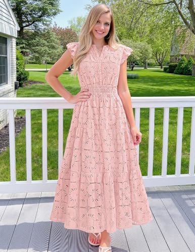 MEROKEETY Women's Summer Lace Eyelet Maxi Dress 2026 Spring Casual Boho Flutter Sleeve Tiered Flowy Beach Vacation Dresses