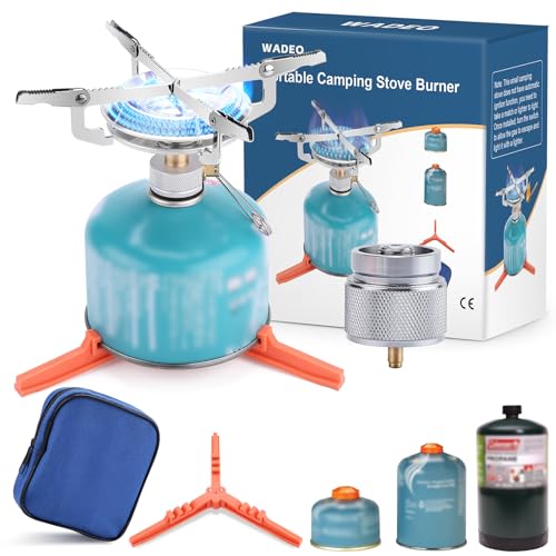 WADEO Portable Camping Stove Burner, Backpacking Stove with 1LB Propane Tank Adapter, Fuel Can Canister Stand and Carry Ca...