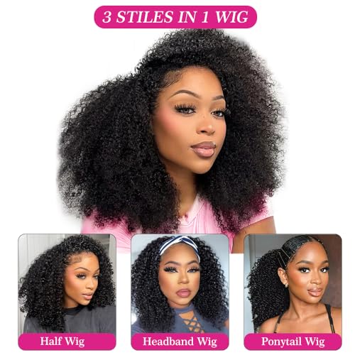 Afro Kinky Curly Human Hair Half Wigs for Black Women Wear & Go Glueless Wigs Human Hair Seamless Kinky Curly Flip Over Drawstring Clip in Half Wig No Sew In 200% Density Natural Color 16 Inch