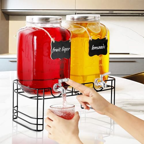 2 Gallon Drink Dispensers for Parties, 2 Pack Beverage Dispensers with Stand, Glass Water Jug Dispenser, with 18/8 Stainle...