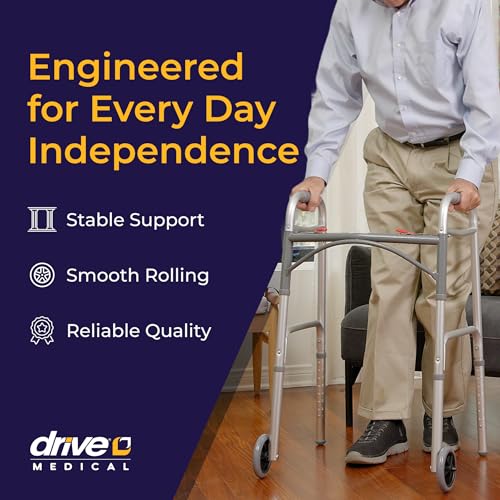 Drive Medical Two-Button Folding Walker w/ Wheels - Lightweight Rolling Mobility Support - Desk Arms - Adjustable Height -...
