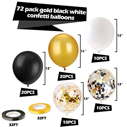 72 Pack Black Gold Confetti Balloons Kit, 12 Inch Black Gold White Balloons and Gold Confetti Balloons with Balloon Ribbon...